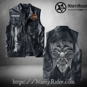 Harley Davidson Black Leather Vest Skull Wings Sword
