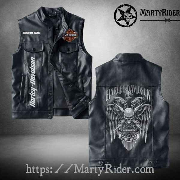 Harley Davidson Black Leather Vest Skull Wings Sword