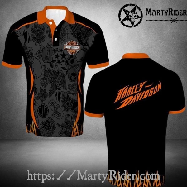 Harley Davidson Polo Shirt with Flame Tattoo Graphics