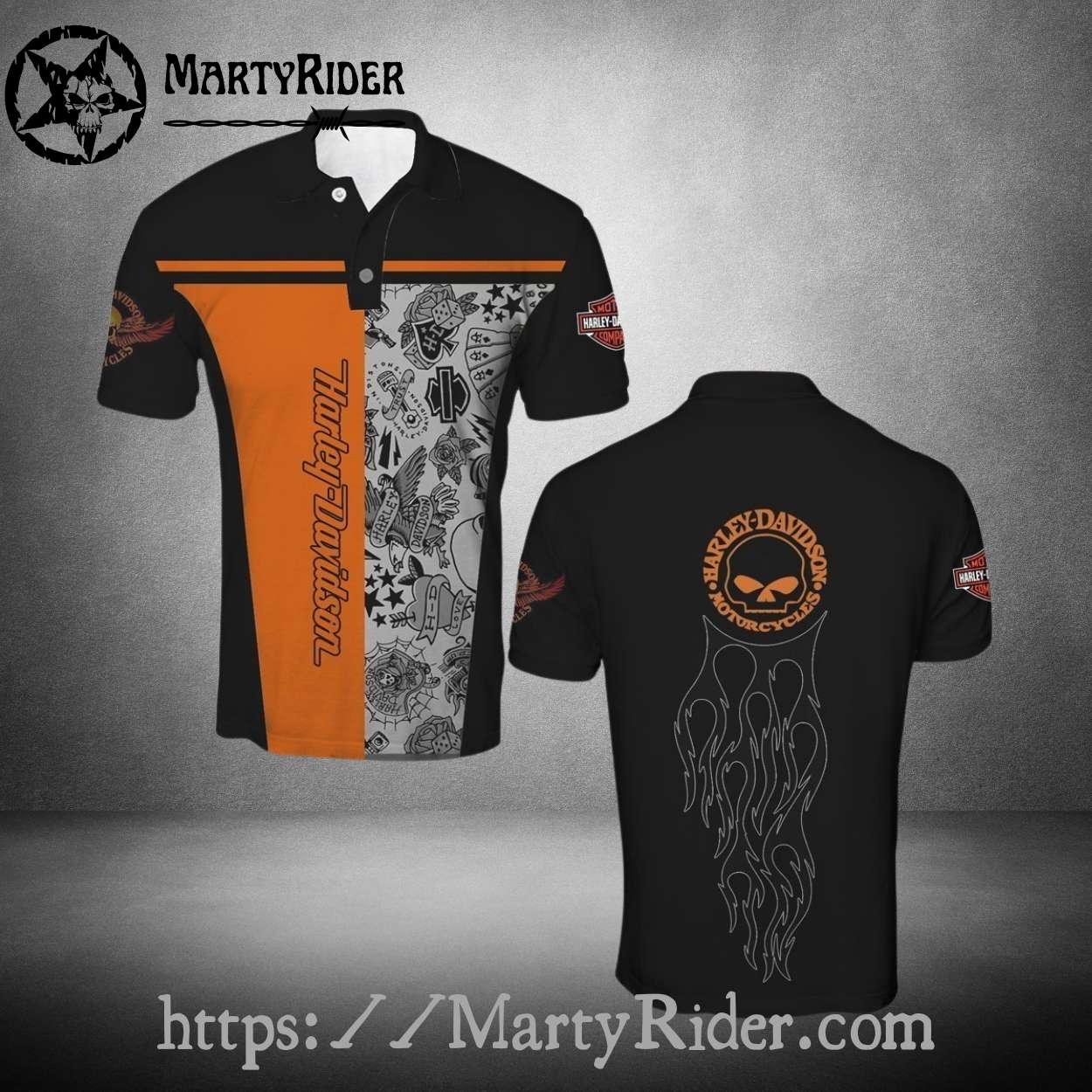 Harley Davidson Polo Shirt with Skull Flame Back Print Harley Davidson Polo Shirt with Skull Flame Back Print