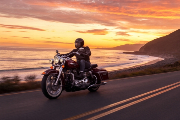 James on his motorcycle during a sunrise ride on PCH