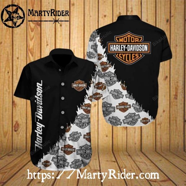 Logo Patchwork Harley Davidson Aloha Shirt In Black And White