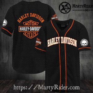 Mesh Texture Harley Davidson Baseball Shirt with Skull Sleeve