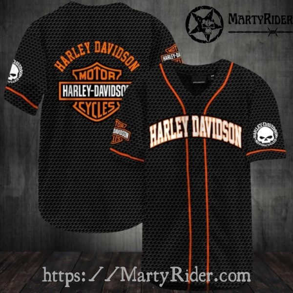 Mesh Texture Harley Davidson Baseball Shirt with Skull Sleeve