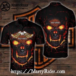 Molten Skull Face Harley Davidson Polo Shirt with Lava Look