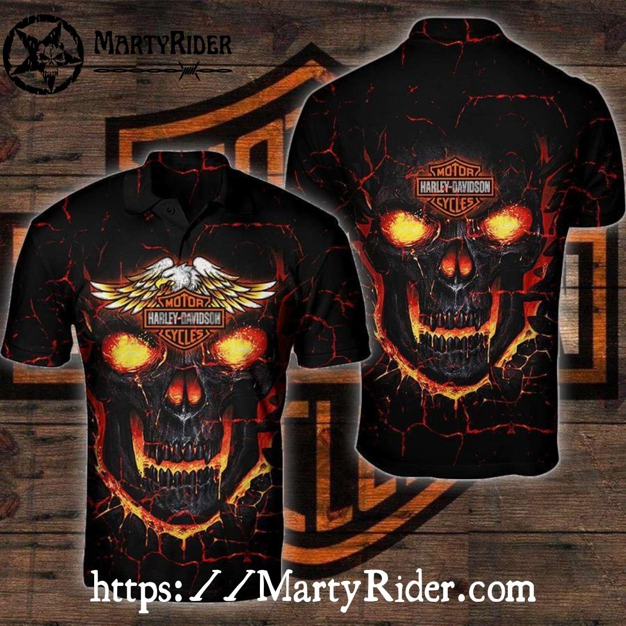 Molten Skull Face Harley Davidson Polo Shirt with Lava Look Molten Skull Face Harley Davidson Polo Shirt with Lava Look