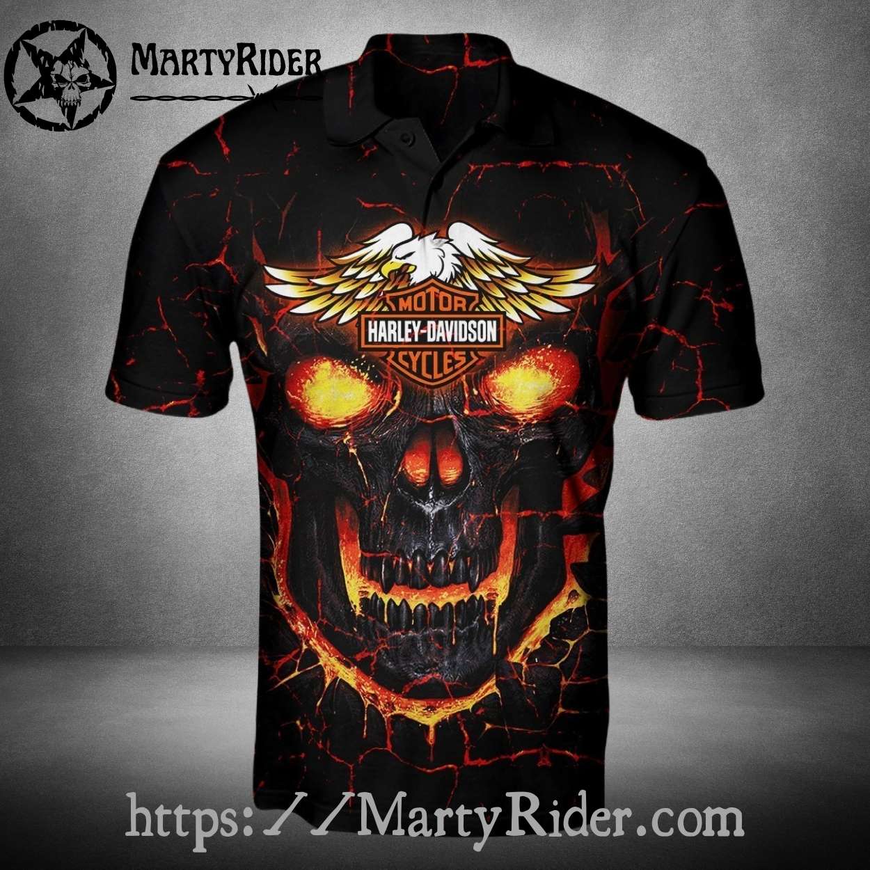 Molten Skull Face Harley Davidson Polo Shirt with Lava Look Molten Skull Face Harley Davidson Polo Shirt with Lava Look