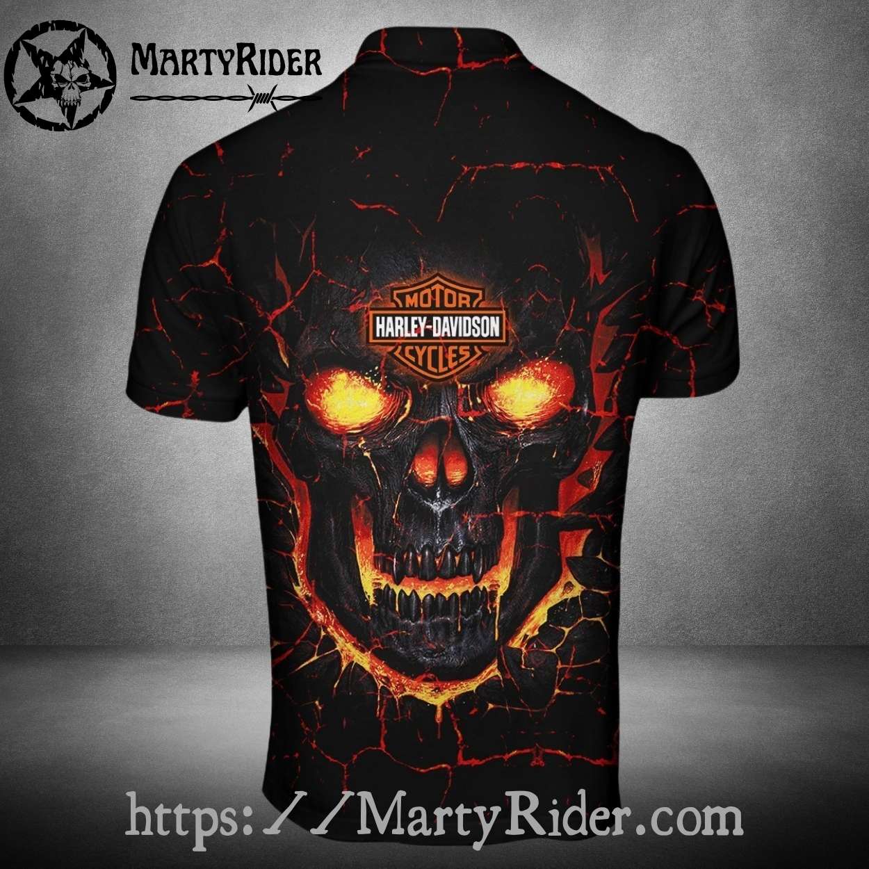 Molten Skull Face Harley Davidson Polo Shirt with Lava Look Molten Skull Face Harley Davidson Polo Shirt with Lava Look