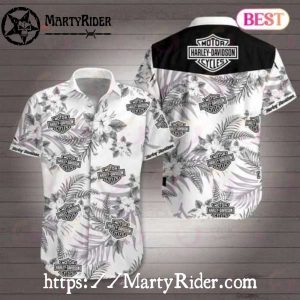 Monochrome Floral Harley Davidson Aloha Shirt With Soft Gray Logo