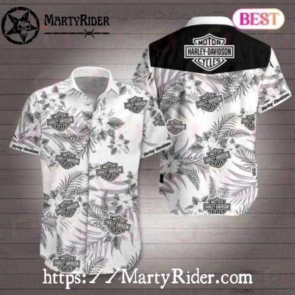 Monochrome Floral Harley Davidson Aloha Shirt With Soft Gray Logo