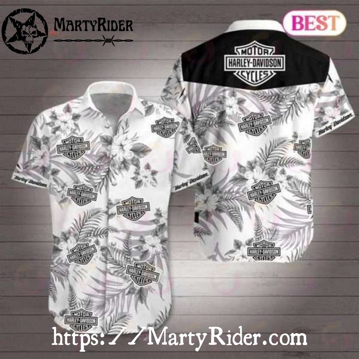 Monochrome Floral Harley Davidson Aloha Shirt With Soft Gray Logo Monochrome Floral Harley Davidson Aloha Shirt With Soft Gray Logo