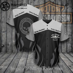 Monochrome Skull Flame Harley Davidson Baseball Shirt