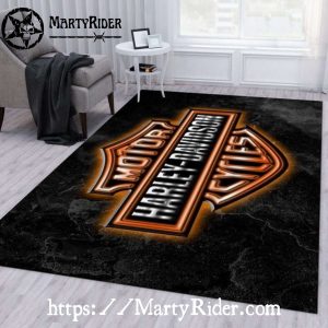 Neon Emblem on Marble Black Harley Davidson Rugs