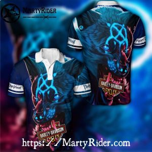 Neon Wolf Graphic Harley Davidson Polo Shirt Night Theme