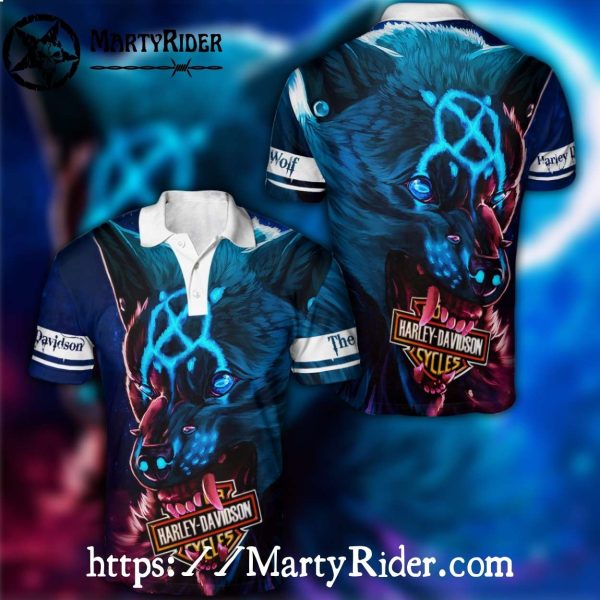 Neon Wolf Graphic Harley Davidson Polo Shirt Night Theme