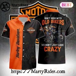 Old Bikers Crazy Quote Harley Davidson Aloha Shirt In Black Orange