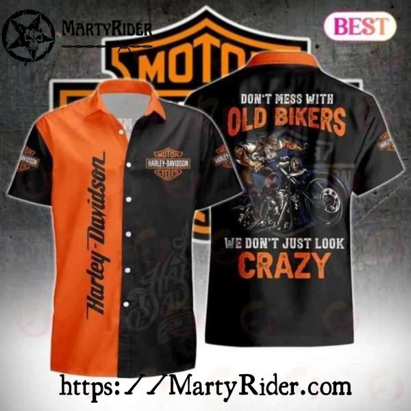 Old Bikers Crazy Quote Harley Davidson Aloha Shirt In Black Orange