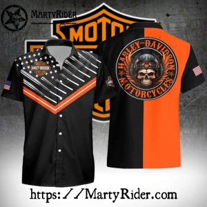 Orange And Black Skull Rider Harley Davidson Aloha Shirt