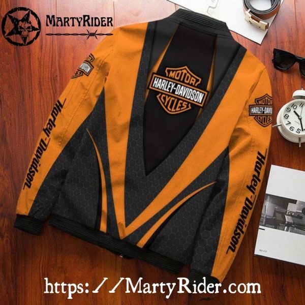 Orange Black Hex Harley Davidson Bomber Jacket