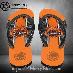 Orange Flame Harley Davidson Flip Flops Skull Stripe