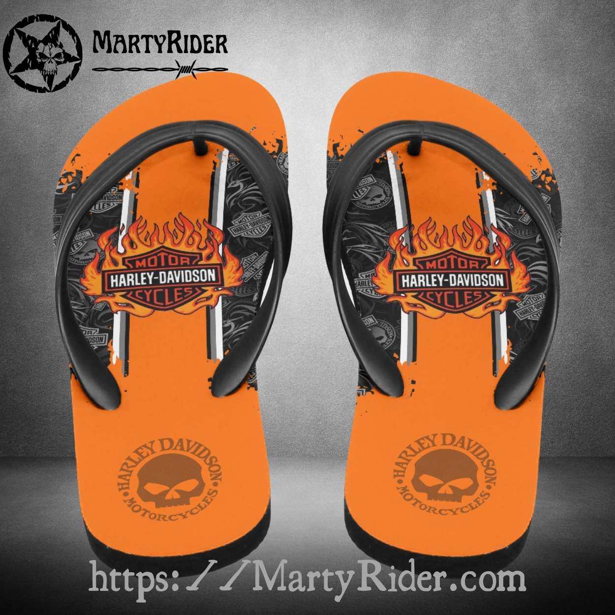 Orange Flame Harley Davidson Flip Flops Skull Stripe Orange Flame Harley Davidson Flip Flops Skull Stripe