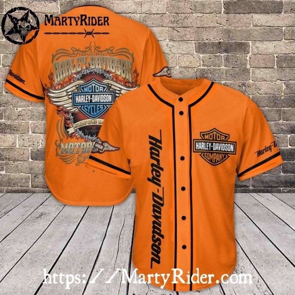 Orange Flame Wing Harley Davidson Baseball Shirt
