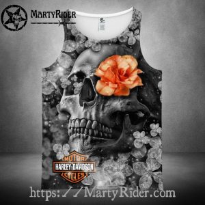 Orange Flower Skull Tank Top Harley Davidson Theme