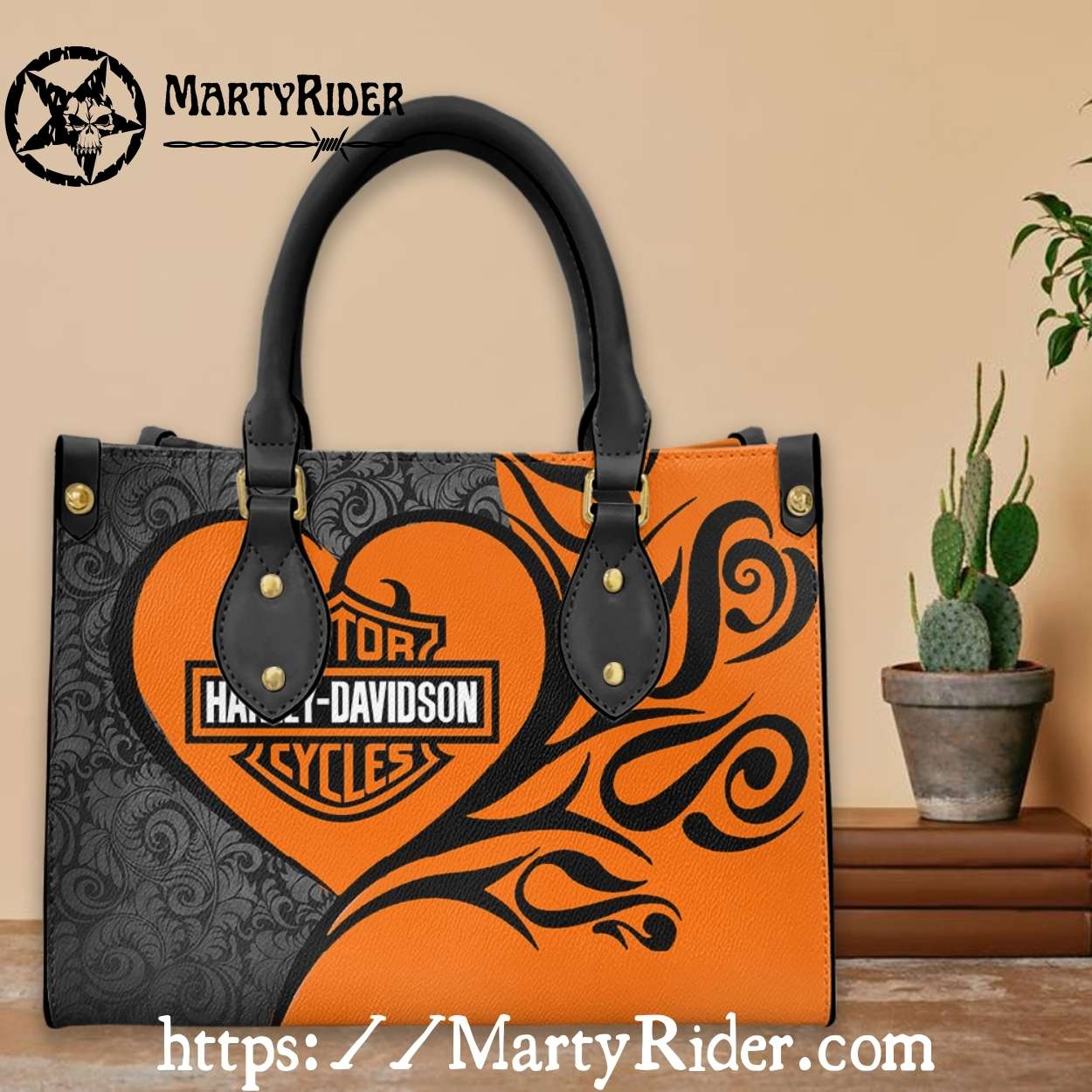 Orange Heart and Swirl Harley Davidson Leather Handbag Orange Heart and Swirl Harley Davidson Leather Handbag