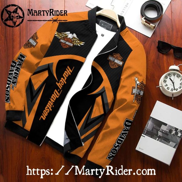 Orange Hex Pattern Harley Davidson Bomber Jacket