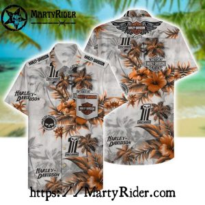 Orange Hibiscus Fade Harley Davidson Hawaiian Shirt