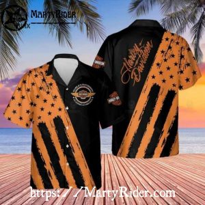 Orange Stars And Stripes Harley-Davidson Flag Hawaiian Shirt