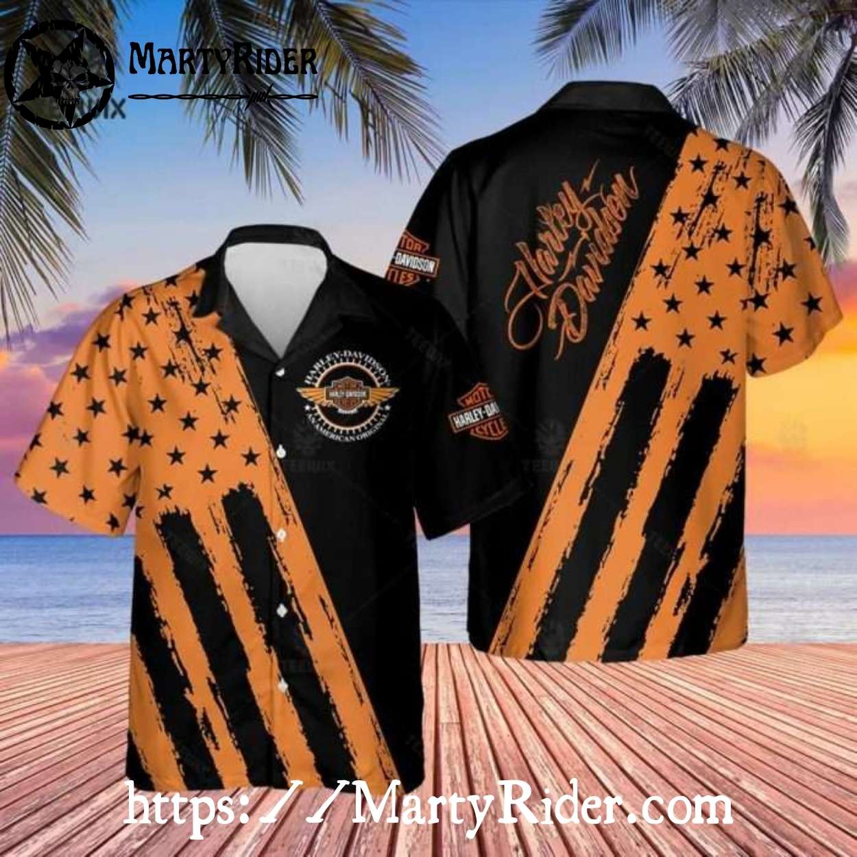 Orange Stars And Stripes Harley-Davidson Flag Hawaiian Shirt Orange Stars And Stripes Harley-Davidson Flag Hawaiian Shirt