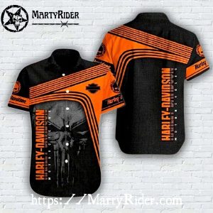 Orange Stripe Shadow Harley Davidson Aloha Shirt Bold