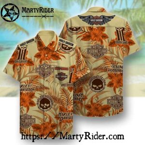 Orange Tropical Floral Harley Davidson Hawaiian Shirt