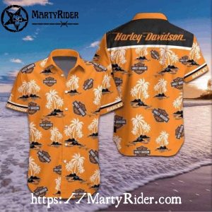 Orange Tropical Island Harley Davidson Aloha Shirt