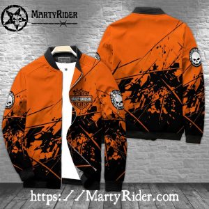 Orange and Black Abstract Splatter Harley Davidson Bomber Jacket