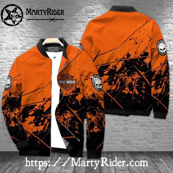 Orange and Black Abstract Splatter Harley Davidson Bomber Jacket