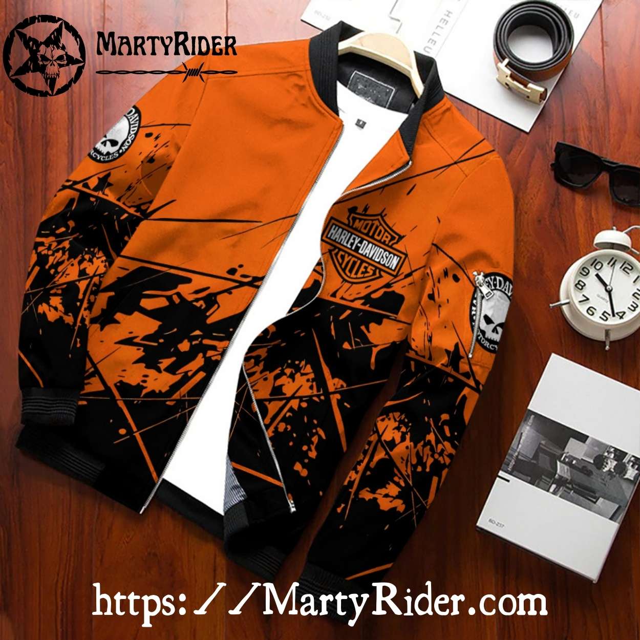 Orange and Black Abstract Splatter Harley Davidson Bomber Jacket Orange and Black Abstract Splatter Harley Davidson Bomber Jacket