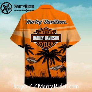 Palm Sunset Harley Davidson Hawaiian Shirt Orange Scene