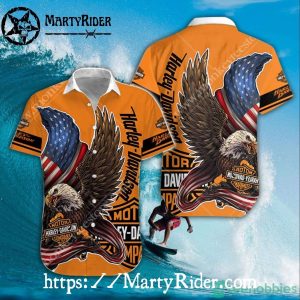 Patriotic Eagle Flag Harley Davidson Aloha Shirt Orange