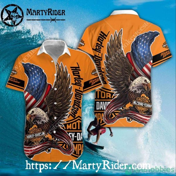 Patriotic Eagle Flag Harley Davidson Aloha Shirt Orange
