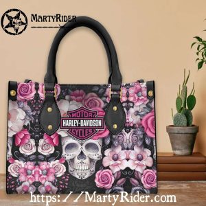 Pink Floral Skull Pattern Harley Davidson Leather Tote