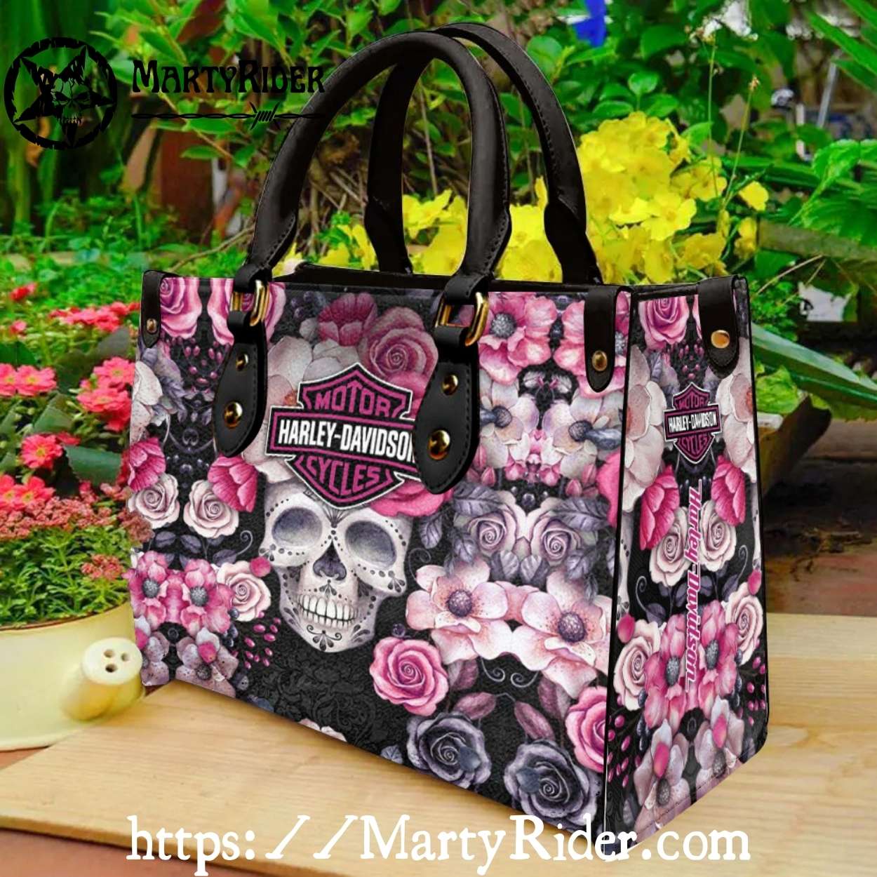 Pink Floral Skull Pattern Harley Davidson Leather Tote Pink Floral Skull Pattern Harley Davidson Leather Tote