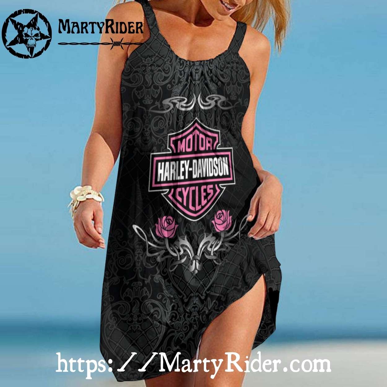 Pink Roses Harley Davidson Beach Dress Gothic Chic Pink Roses Harley Davidson Beach Dress Gothic Chic