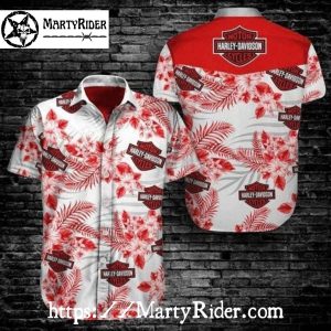 Red Floral Burst Harley Davidson Aloha Shirt With Logo