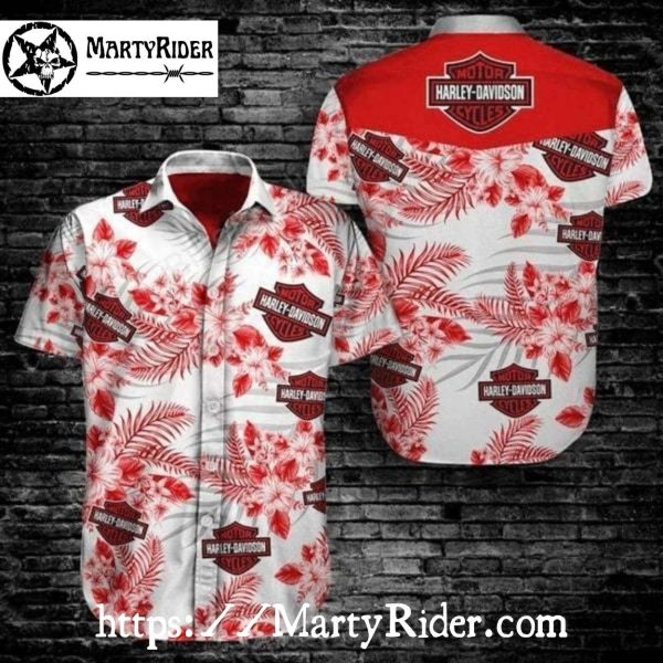 Red Floral Burst Harley Davidson Aloha Shirt With Logo