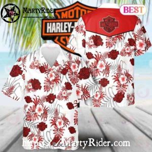 Red Floral Harley Davidson Hawaiian Shirt With Logos