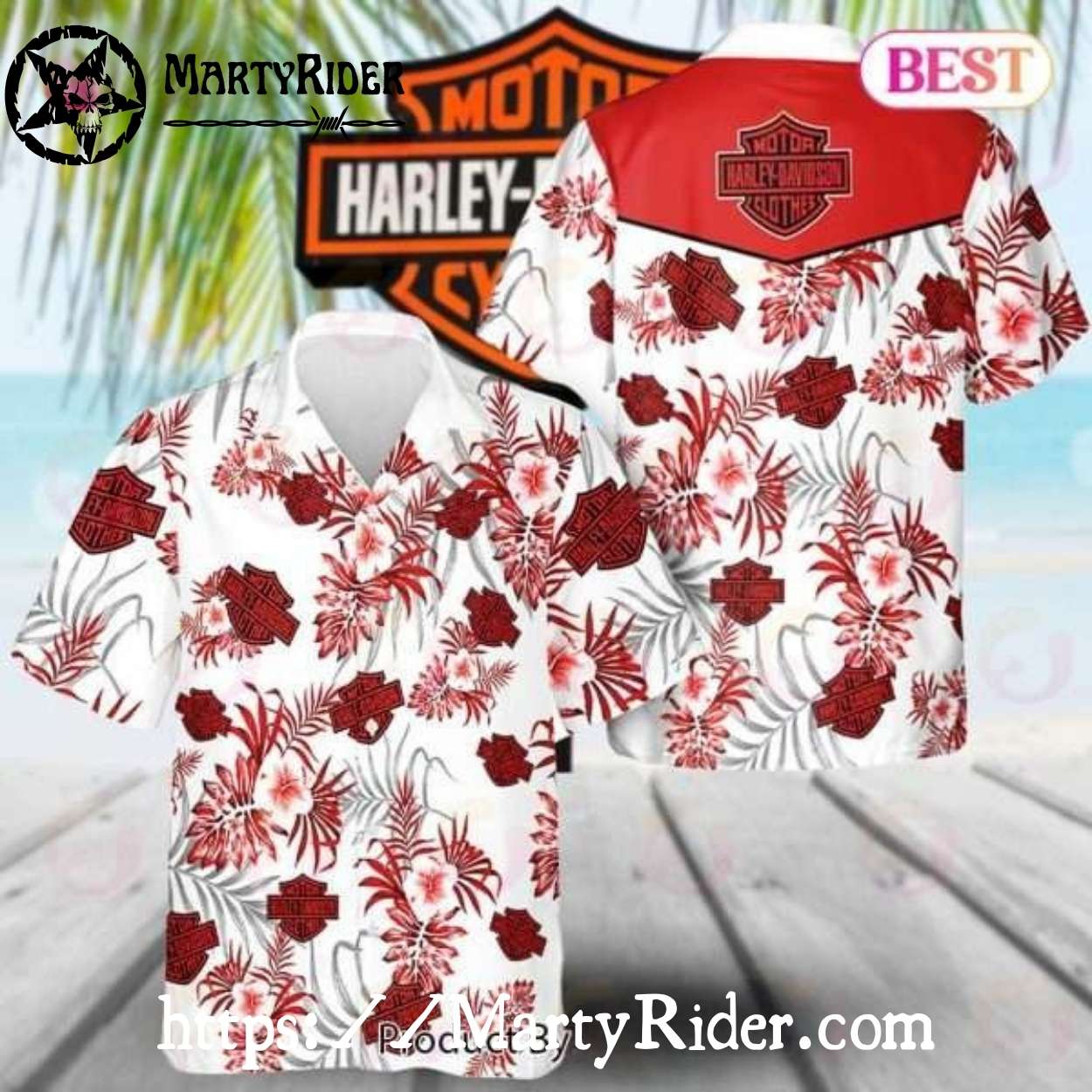 Red Floral Harley Davidson Hawaiian Shirt With Logos Red Floral Harley Davidson Hawaiian Shirt With Logos