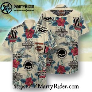 Red Hibiscus Cream Harley Davidson Aloha Shirt Tropical