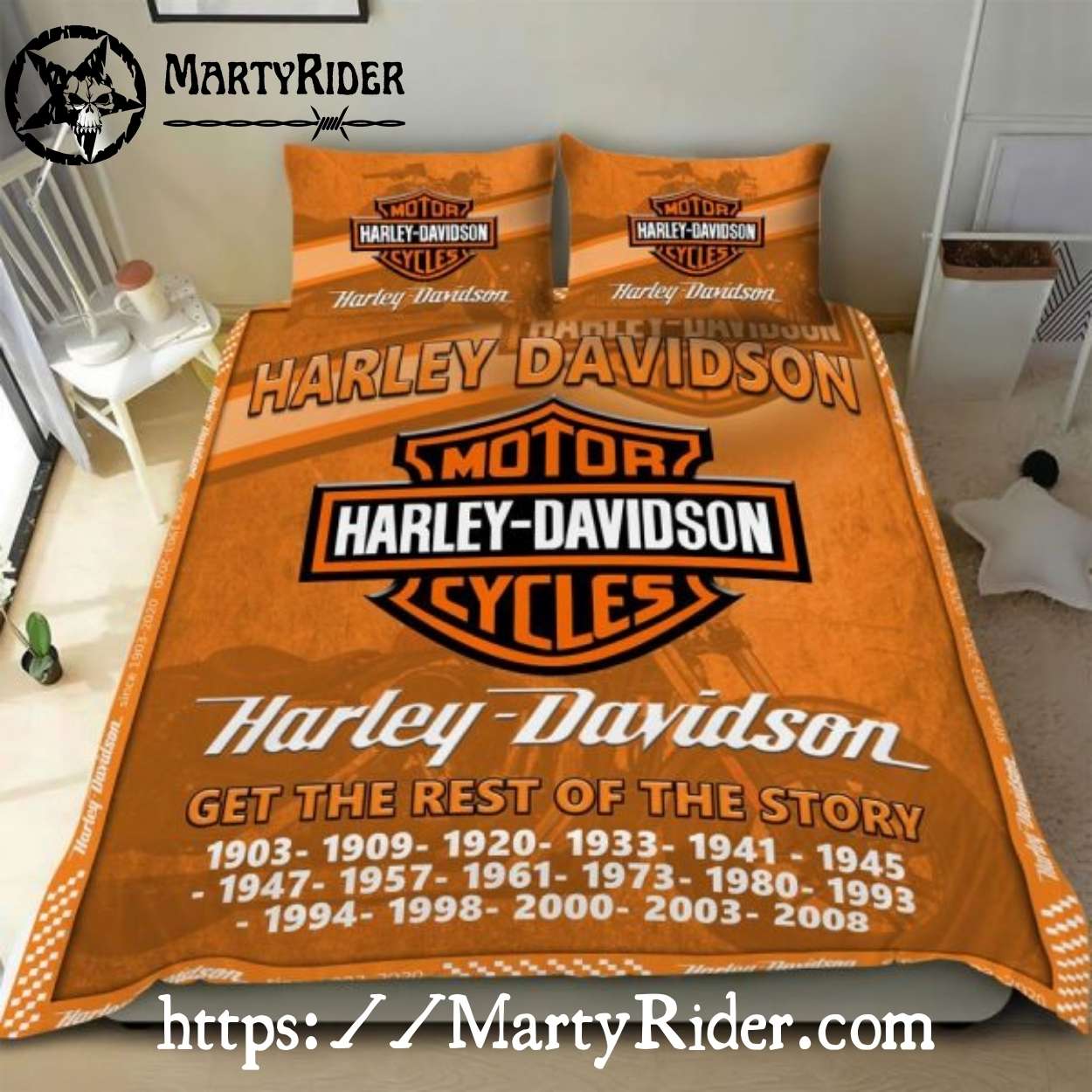 Retro Harley Davidson Bedding Sets with Year Timeline Graphic Retro Harley Davidson Bedding Sets with Year Timeline Graphic